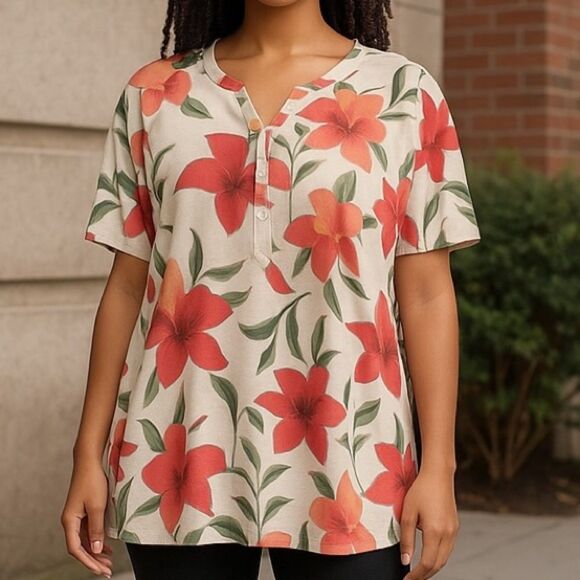Liz Claiborne Popover Henley Floral Flowing Top - Picture 1 of 9